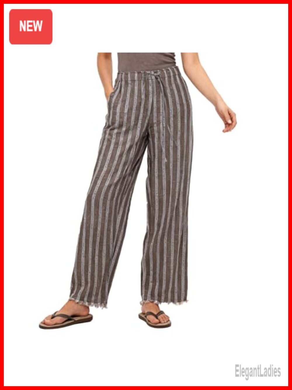 100% Linen Striped Wide Leg Palazzo Pants High Waist Drawstring Tassel
